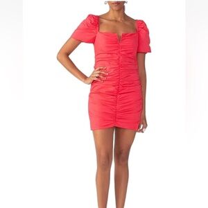 Sanctuary Split Square Neck Short Puff Sleeve  Minidress in coral pink color